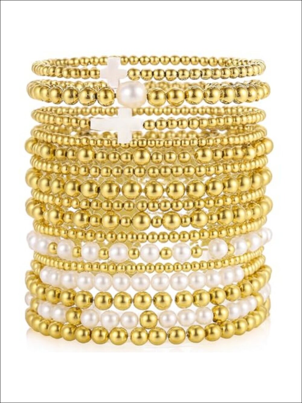 Gold Plated Bead & Pearl Stretch Bracelet Set 16PC Stackable Women's Jewelry